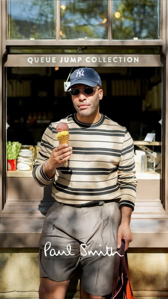 This image ad for Paul Smith's Queue Jump Collection features a person wearing a striped long-sleeved shirt and shor