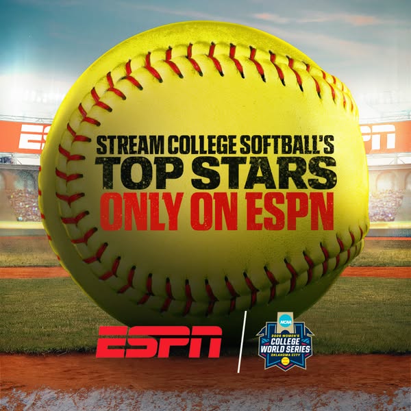 This image ad promotes college softball games streamed on ESPN. It features a softball in the center of the frame with s