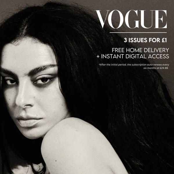 This is a black-and-white advertisement for a subscription to Vogue magazine, promoted with a sale of three issues for o