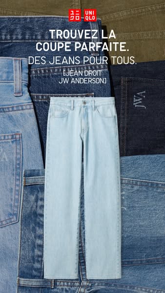 This ad for Uniqlo and JW Anderson displays a light wash pair of jeans, layered among other jeans of various colors and 