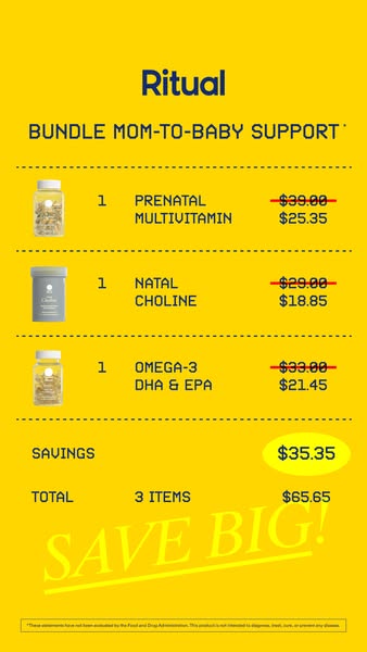 This ad showcases three products in the Ritual brand's mom-to-baby support line of vitamins. Each product is listed 
