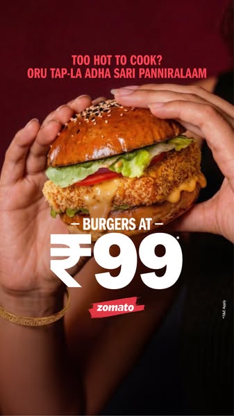 This ad showcases a burger and its price and is available via Zomato.