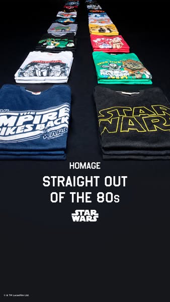 This ad promotes Homage Star Wars t-shirts, showcasing a variety of designs from the 1980s.