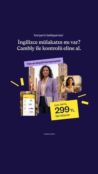 This Cambly ad features an image with the text 'Kariyerin bekleyemez! İngilizce mülakatın mı var? Cambly ile kontrol