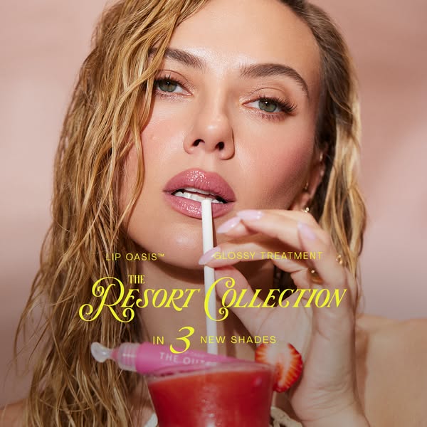 This ad features an image of a woman drinking a cocktail to showcase lip glosses by Lip Oasis. The ad calls out the glos