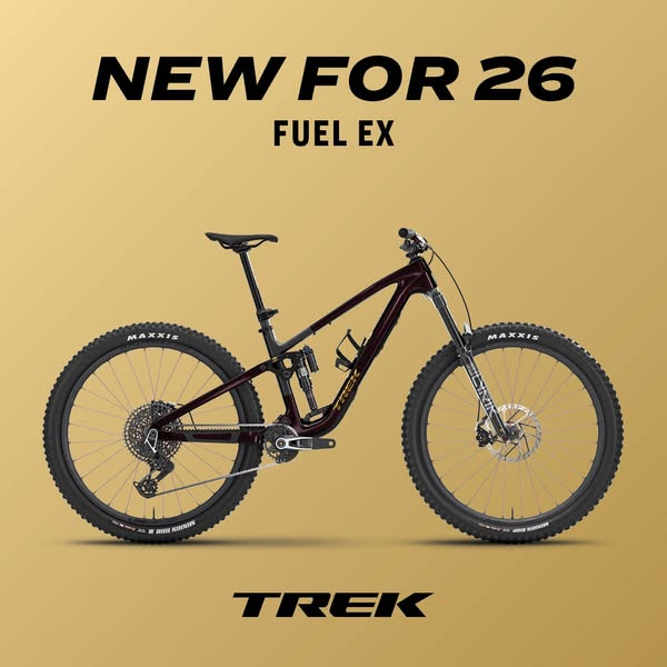 This ad showcases the Trek Fuel EX mountain bike, highlighting its new features for the year 2026. The ad uses a clean, 