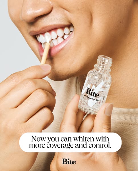 A close up shot of a man applying Bite Whitening Gel to his teeth. The ad highlights the product's ability to provid