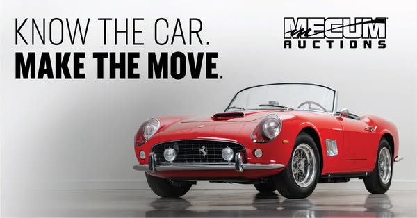 This image ad by Mecum Auctions features a red convertible car. The ad encourages viewers to 'know the car' and 