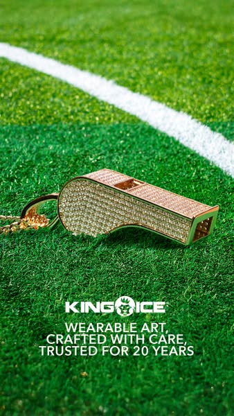 This ad showcases a gold and diamond whistle pendant from King Ice on a chain against a football field background. The a