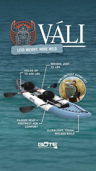 This ad showcases the features of the VÁLI kayak, highlighting its lightweight design, durability, and comfort.