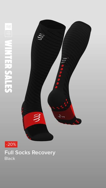 This ad showcases compression socks, highlighting their recovery benefits and current discount.
