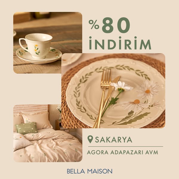 This lifestyle image promotes Bella Maison housewares, including tableware and bedding. An offer for 80% off is featured