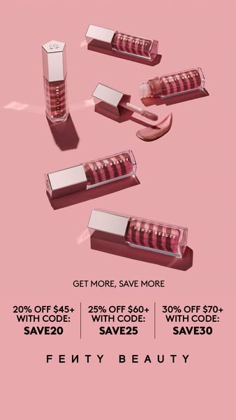 This ad showcases Fenty Beauty lip glosses and promotes a tiered discount offer based on the purchase amount.