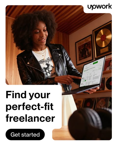 This image ad for Upwork shows a woman pointing at a laptop screen with the Upwork platform visible. The ad encourages u