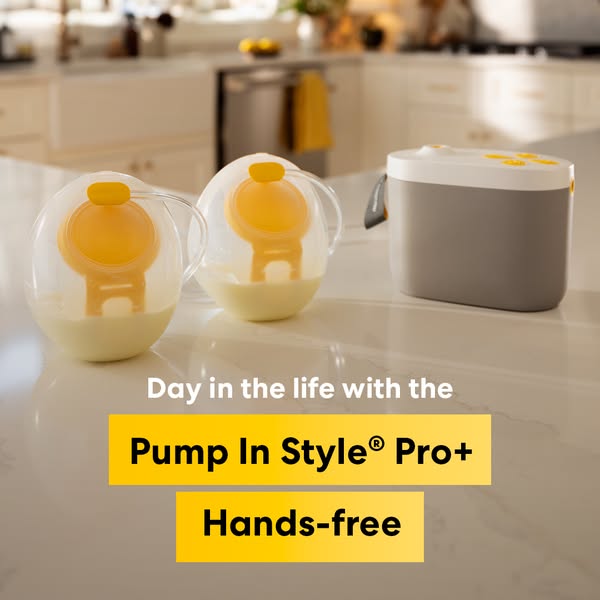 This ad showcases the Medela Pump In Style® Pro+ Hands-free breast pump as an easy and convenient way to pump milk throu