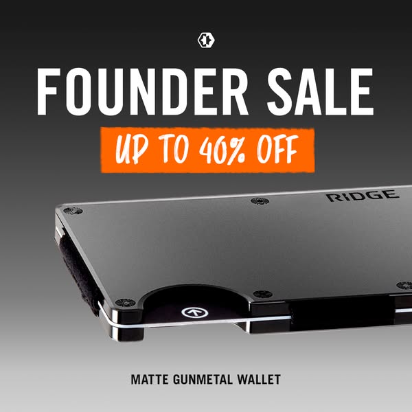 This image ad promotes the Ridge brand wallet, highlighting its minimalist design and current 'Founder Sale' off