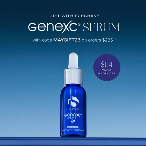 This image ad promotes iS Clinical's GeneXC Serum as a gift with purchase. It features a single bottle of the serum 
