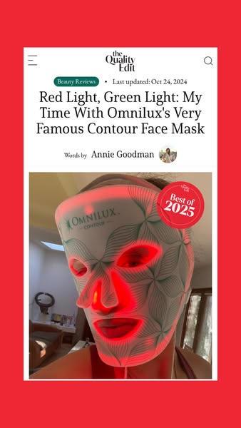 This ad features a screenshot of an article from The Quality Edit reviewing the Omnilux Contour Face Mask. The article i
