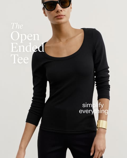 This image ad features a woman wearing a long-sleeve black tee. The ad highlights the brand's focus on simplifying e