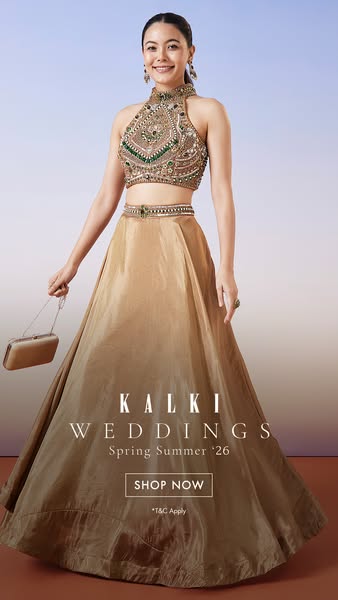 This ad showcases a golden lehenga, targeting weddings in the Spring/Summer '26 season. It features a high-neck crop