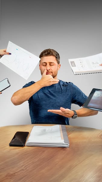 This ad shows a man who is overwhelmed and overworked. The ad is demonstrating the need for organizational tools. The ad