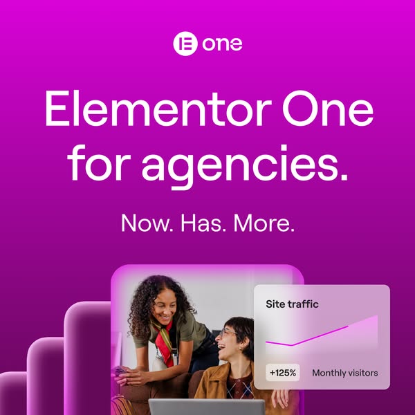 This ad promotes Elementor One for agencies, highlighting increased site traffic and monthly visitors. The ad features a