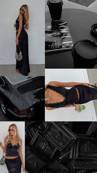 This image shows a collage of lifestyle images featuring a woman wearing a black two-piece outfit. The images evoke a hi
