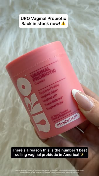 The ad is for URO Vaginal Probiotic capsules from OPositiv Health. The text on screen states that the product is back in