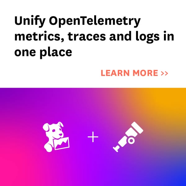 This ad promotes OpenTelemetry, a tool that unifies metrics, traces, and logs into one place. The ad uses a visual metap