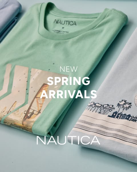 This ad showcases the new spring arrivals of Nautica clothing, focusing on folded t-shirts with vibrant designs.