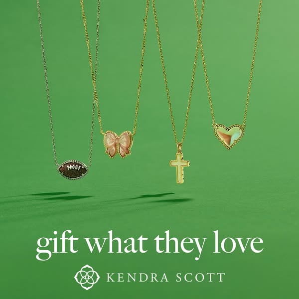 This image ad showcases four different pendant necklace options from Kendra Scott on a green background. The ad is inten