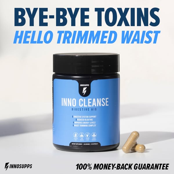 This ad promotes Inno Cleanse Digestive Aid, highlighting its benefits for digestive system support, reduced bloating, i