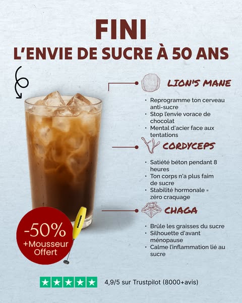 This image ad promotes a drink that helps with sugar cravings for women over 50 years old. It highlights the main ingred