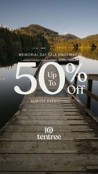 This image ad for tentree promotes a Memorial Day sale of up to 50% off almost everything and ending on May 25th.