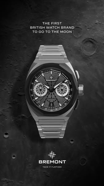 This ad showcases Bremont's history as the first British watch brand to go to the moon, emphasizing luxury, heritage