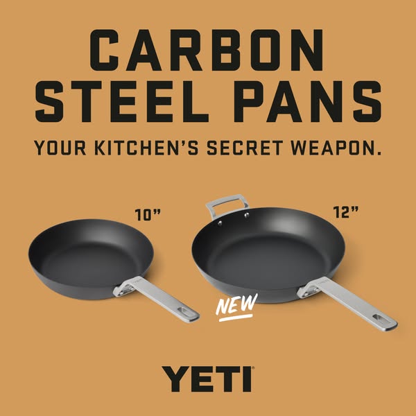 This ad features two carbon steel pans from YETI, highlighting their use as a kitchen's secret weapon.