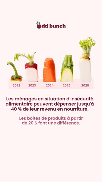 This ad demonstrates how Odd Bunch can help reduce food waste. Five vegetables are lined up in a row to signify a passin