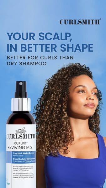 This ad for Curlsmith's Curlfit Reviving Mist highlights its benefits as a scalp and hair refresher for all curl typ