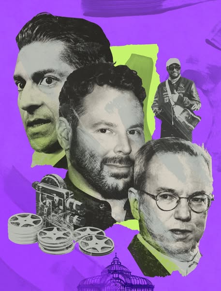 This image ad features a collage of several men, a film camera, film reels, and a building, all set against a purple bac