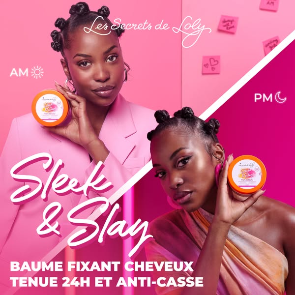 This image ad for Les Secrets de Loly features two models using hair balm, and emphasizes its ability to provide a sleek