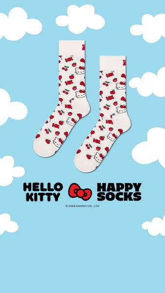 Ad for Hello Kitty branded socks with a sky and clouds background.