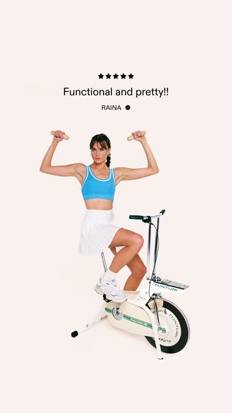 This ad features a woman on a vintage exercise bike, who is identified as Raina. The ad features a five-star rating, ind