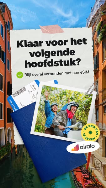 This ad for Airalo features a photo of a tourist destination, with a travel document laying on top. A callout asks if th