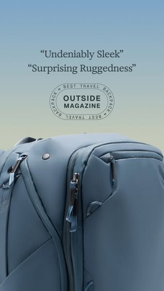 This ad showcases a sleek and rugged backpack, emphasizing its versatility for travel. It uses a quote from Outside Maga