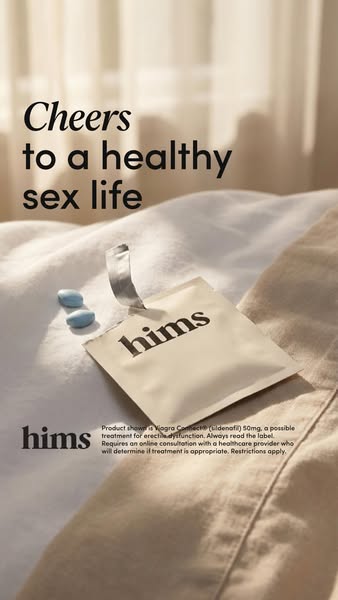 This ad promotes hims Viagra Connect to treat erectile dysfunction. The image shows the product on a bed with the headli