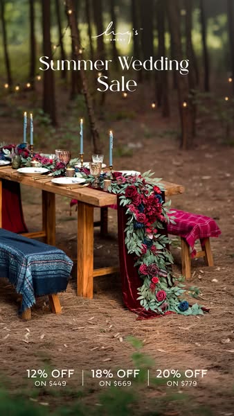 This image ad for Ling's Moment promotes a summer wedding sale. The ad features a long wooden table set for a weddin
