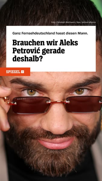 This image ad uses a close-up of Aleks Petrović, a controversial figure, with a quote from Spiegel questioning if he is 