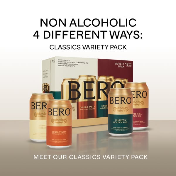 This ad showcases BERO's non-alcoholic beer variety pack. The ad highlights that there are four flavors, each in a g