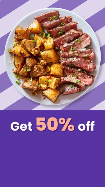 The image ad features a plate with steak and potatoes, and promotes an offer to 'Get 50% off'.