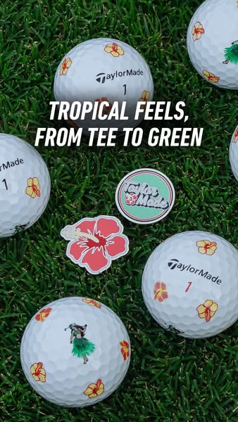 This ad showcases TaylorMade golf balls with a tropical theme, emphasizing a fun and unique golfing experience.